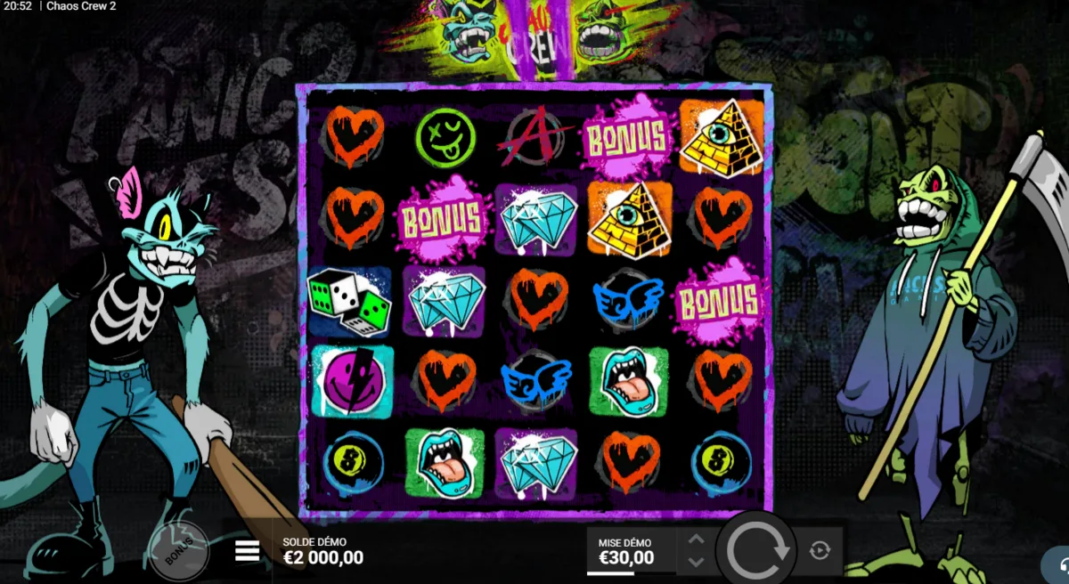 Chaos Crew 2 Demo – grille avec symboles Bonus et pyramides Epic Crank en mode démo